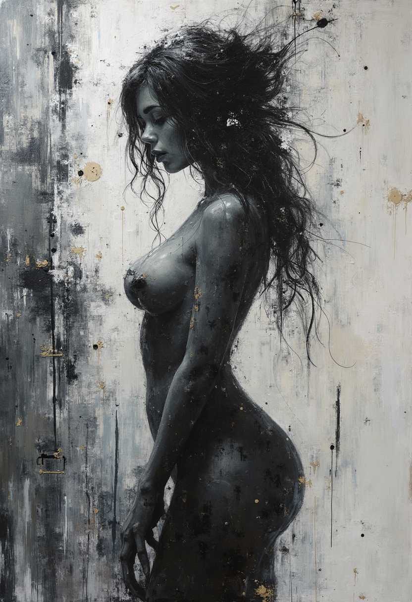 expressive blend of seductive female figurative and abstract elements.
Thick textured brushstrokes and a monochromatic palette to create a dynamic and emotional piece. 
Expressive techniques to convey emotion and movement in their work.
Abstract Expressionism.
Figurative Art.
Graffiti Art.
Surrealism.
Unique and emotive piece.