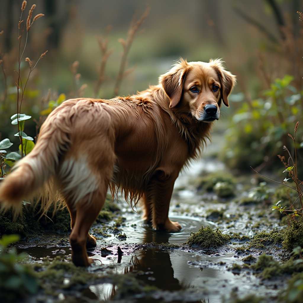 Create an image of a **dog in a bog**:

- **Subject**: A dog, breed resembling a Golden Retriever or similar, with a thick, muddy coat. Its fur is matted with bog water, and it has a curious, playful expression.

- **Setting**: The bog is lush with a variety of green plants, reeds, and mosses, interspersed with pools of dark, stagnant water. The ground is soft, with visible footprints where the dog has been exploring.

- **Lighting**: Late afternoon sun filters through the overgrowth, casting dappled light and shadows across the scene, creating a serene, almost mystical atmosphere.

- **Atmospheric Conditions**: The air is heavy with moisture, and there's a slight mist rising from the water, enhancing the ethereal quality of the scene. The dog's breath can be seen in the cooler air above the bog.

- **Mood**: The image should evoke a sense of adventure, tranquility, and a connection with nature. The dog's presence brings a touch of warmth and liveliness to this otherwise quiet, untouched wilderness.

- **Style**: Inspired by the detailed, naturalistic wildlife photography of photographers like Frans Lanting, focusing on textures, the play of light, and the natural habitat of the animal.

- **Composition**: The dog is positioned slightly off-center, looking back over its shoulder towards the viewer, suggesting it has paused its exploration. The camera angle is low, from the perspective of someone crouched at the edge of the bog, emphasizing the dog's size and the depth of the environment.

- **Technical Aspects**: Utilize a shallow depth of field to blur the background slightly, focusing on the dog and its immediate surroundings. Use a wide aperture for this effect, and consider a soft focus to enhance the dreamy quality of the scene.

- **Cohesion**: Ensure the dog's playful and curious demeanor integrates seamlessly with the bog's serene and slightly mysterious atmosphere, creating a cohesive narrative of exploration and harmony with nature.
