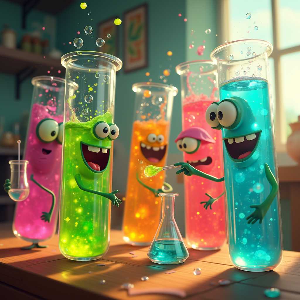 Create a whimsical scene featuring a group of colorful, anthropomorphic test tubes engaged in a playful experiment. 

- **Visual Details**: The test tubes have expressive faces with large, animated eyes and mouths. They are filled with vibrant, swirling liquids in shades of neon green, electric blue, and bright pink. The liquids occasionally bubble and fizz, creating a sense of movement and excitement. The test tubes themselves are made of clear, slightly iridescent glass, catching and reflecting light.

- **Style**: Adopt a playful, cartoonish style reminiscent of 1930s animation, with exaggerated proportions and movements, yet maintain a modern, vibrant color palette to give it a contemporary twist.

- **Composition**: The test tubes are arranged in a semi-circle, each interacting with another or performing a task related to their experiment. One tube could be holding a beaker, another might be stirring a mixture, while another watches in anticipation. The scene is viewed from a slight high angle, giving the viewer a sense of looking down into their world.

- **Mood and Atmosphere**: The atmosphere is joyful and curious, with soft, indirect lighting that casts playful shadows. The time of day is late afternoon, with the warm glow of sunlight filtering through a nearby window, creating a cozy lab setting.

- **Technical Aspects**: Use techniques like shallow depth of field to focus on the test tubes, with the background slightly blurred to emphasize their activities. Employ dynamic lighting to highlight the effervescence of the liquids inside the tubes, and use lens flares to add to the magical, experimental feel.

- **Cohesion**: The entire scene should feel like a snippet from an animated educational film, where the test tubes are not just experimenting but also teaching or demonstrating science in a fun, engaging manner. The setting, style, and mood all work together to create a fantastical, yet educational environment where science is fun and inviting.