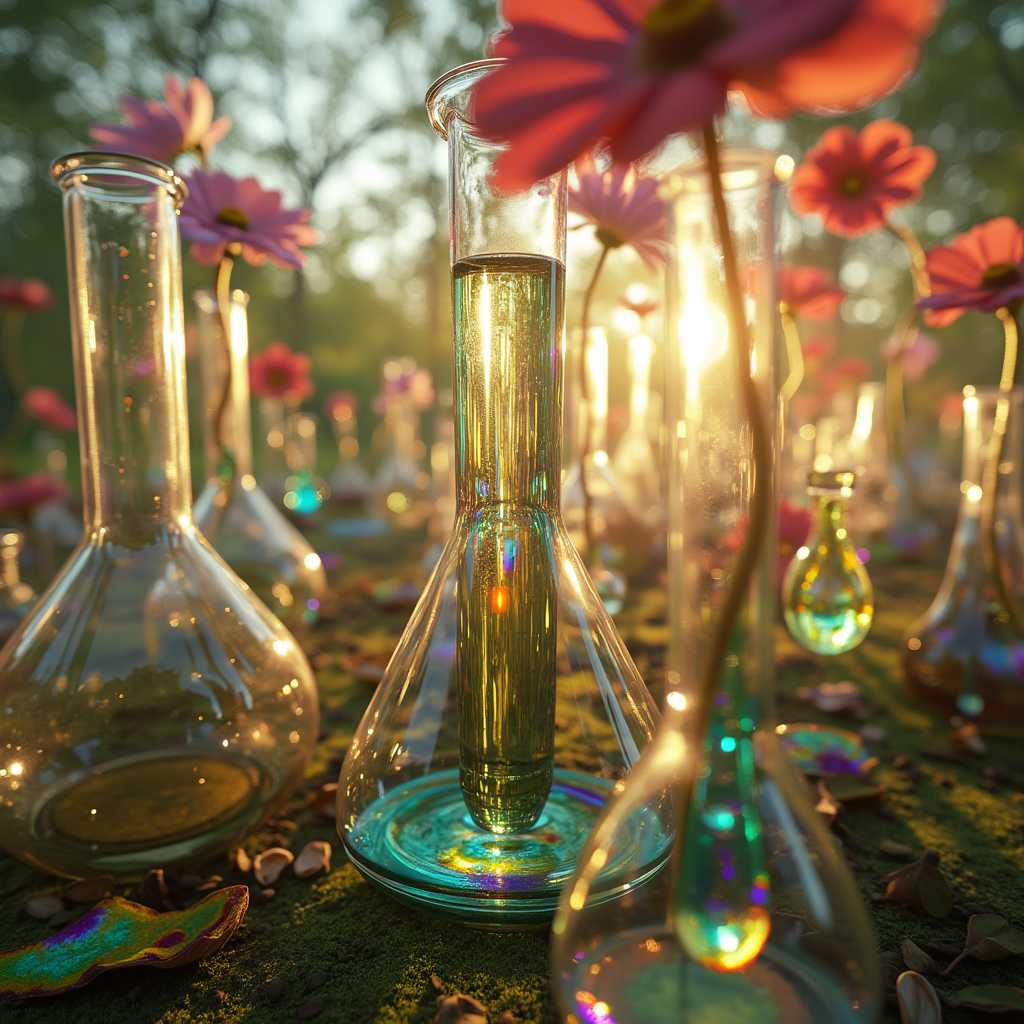 Create an image that depicts a serene, whimsical garden party, where test tubes and beakers are transformed into delicate, translucent glass flowers. **Visual Details**: Each glass flower should reflect the vibrant colors of the garden, capturing the sunlight with prismatic effects. The textures should include the smooth, reflective surfaces of the glassware, contrasted with the soft, natural textures of petals and leaves. **Style**: Render this scene in a surrealistic style, reminiscent of Salvador Dali, where the ordinary becomes extraordinary. **Composition**: The camera angle is low, looking up at a canopy of these unique glass flowers, with guests in elegant, vintage attire mingiting around. **Mood and Atmosphere**: The mood is one of wonder and curiosity, with the setting at golden hour, providing a warm, glowing light that enhances the surreal quality of the scene. **Technical Aspects**: Use depth of field to focus on the foreground flowers while the background guests are slightly blurred, creating a dream-like atmosphere. **Cohesion**: The entire scene should blend the scientific with the natural, creating an otherworldly yet cohesive environment where science and nature harmoniously coexist.