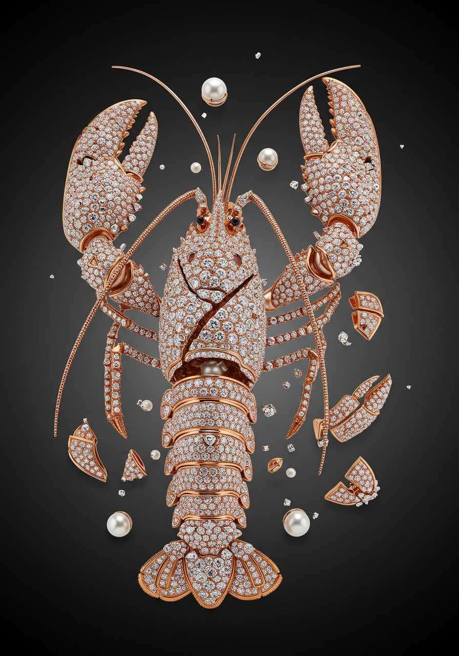 In a style that melds the elegance of diamonds with the fractured artistry of modern sculpture, envision a gourmet dish that transcends mere food presentation. The centerpiece is a lobster-shaped creation, meticulously crafted to resemble a masterful sculpture. Its body is adorned with shimmering pearls and diamonds, reflecting light in a dazzling display. However, this lobster is not merely whole; it embodies a fractured aesthetic, with intricate sections of its form appearing to break apart. 

The claws, lavishly draped in pearls and diamonds, are segmented, revealing a complex interplay of textures and materials. As if caught in a moment of artistic deconstruction, pieces of the lobster seem to float around the plate, echoing the fragmented human head of a contemporary sculpture. Each piece tells a story of elegance and chaos, inviting viewers to appreciate the beauty in imperfection.