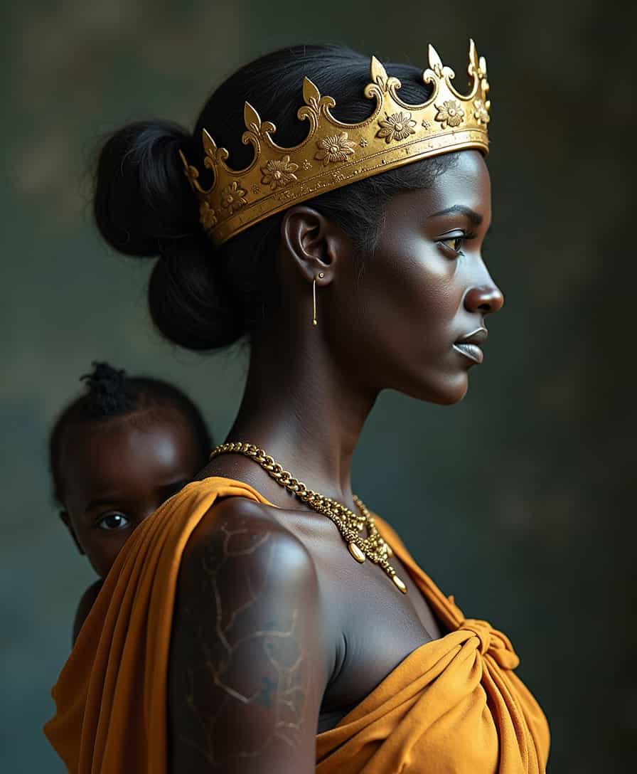 Side view of a black african woman  With cracks on their skin like an old broken Roman statue wearing a gold royal crown as she is  royalty. She is carrying a baby on her back wrapped in a cloth