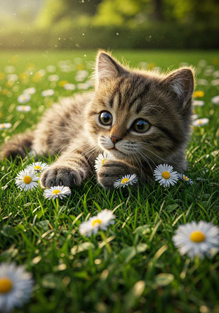 A hyper-realistic image of a tiny kitten lying on a lush green meadow surrounded by blooming daisies. The kitten has big, curious eyes, fluffy fur, and is playfully pawing at a flower. Warm natural sunlight, ultra-detailed textures, photorealistic.