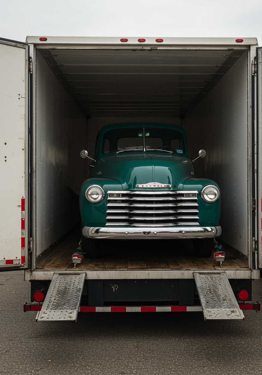 An 1948 Chevrolet 3100 truck, loaded into an enclosed trailer, and ready for shipping. in the picture you can see the chromed bumper.