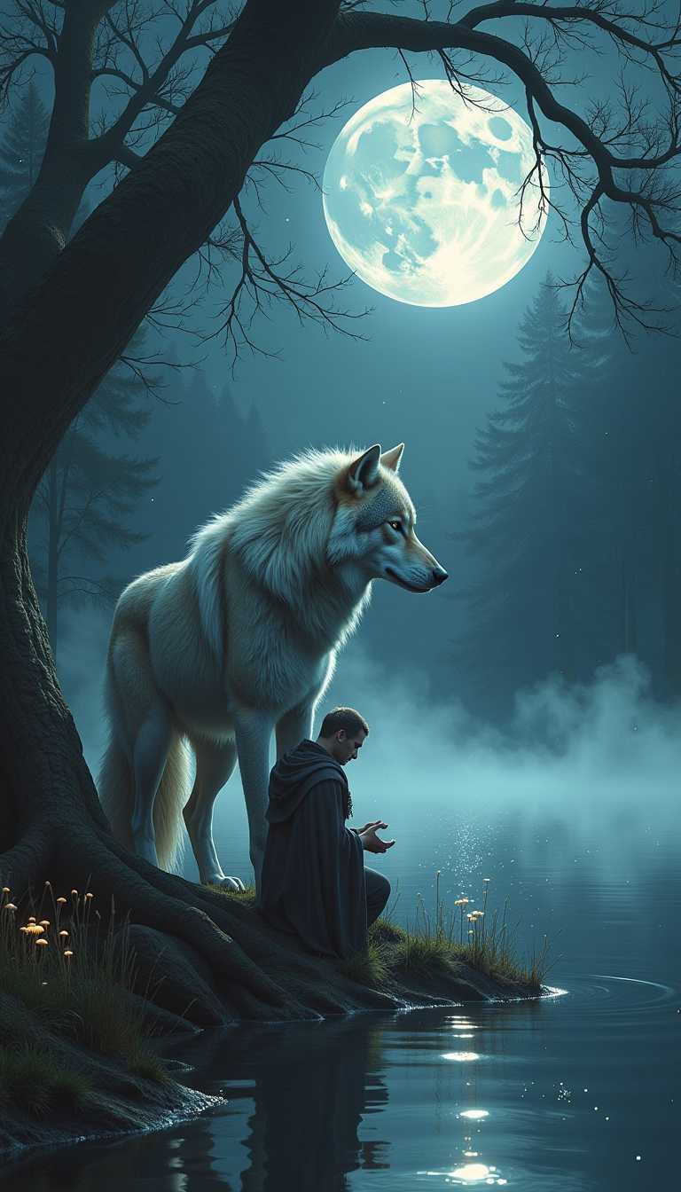 In a mystical forest bathed in the silvery glow of a full moon, a towering wolf stands sentinel at the edge of a glimmering lake, its fur a cascade of shadows and starlight, glistening with dew. The man, cloaked in tattered robes woven from the whispers of the wind, kneels beside the water’s edge, his weathered hands outstretched as if to commune with the ethereal presence before him. Twisted trees loom overhead, their gnarled branches adorned with luminous fungi, casting an otherworldly light that dances across the scene. 

The air is thick with the scent of damp earth and pine, while a soft mist rises from the lake, swirling around the pair in a caress of enchantment. The wolf, with eyes like molten gold, gazes down at the man, a bridge between worlds, embodying both feral majesty and ancient wisdom. The surface of the water reflects the star-studded sky and the figures of the man and wolf, creating a haunting symmetry that blurs the lines between reality and myth. 

The composition draws the eye from the imposing silhouette of the wolf to the fragile form of the man, highlighting the tension between strength and vulnerability, while the perspective invites the viewer to lean closer, as if to hear the whispered secrets of the night. Shadows deepen and the moonlight weaves a tapestry of light and dark, enveloping the scene in a cocoon of magic and mystery.