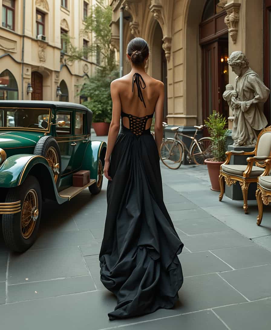 In a Victorian era style, the scene unfolds in an old European city, where historical architecture meets luxury fashion. A sophisticated figure, clad in an elegantly draped black dress with intricate tie-back details, strolls through the vibrant streets. This attire, exuding understated opulence, harmonizes beautifully with the prominent brown and green car parked near a tall gothic-style building, evoking nostalgia for bygone eras.

The lively cityscape is further enriched by scattered bicycles, symbolizing an environmentally friendly ethos, while vintage-inspired chairs and classical statues peek from the corners, adding depth and historical resonance to the background. Ornate potted plants are strategically placed, enhancing the aesthetic allure of the setting, while the light filtering through tall windows casts a gentle glow, illuminating the fluidity of the luxurious fabric.
