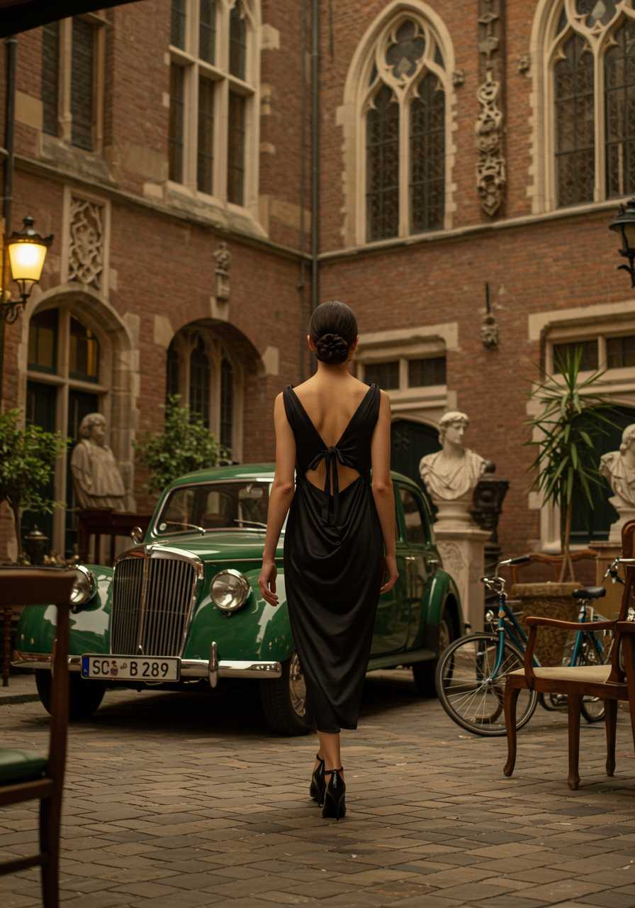 In a Victorian era style, the scene unfolds in an old European city, where historical architecture meets luxury fashion. A sophisticated figure, clad in an elegantly draped black dress with intricate tie-back details, strolls through the vibrant streets. This attire, exuding understated opulence, harmonizes beautifully with the prominent brown and green car parked near a tall gothic-style building, evoking nostalgia for bygone eras.

The lively cityscape is further enriched by scattered bicycles, symbolizing an environmentally friendly ethos, while vintage-inspired chairs and classical statues peek from the corners, adding depth and historical resonance to the background. Ornate potted plants are strategically placed, enhancing the aesthetic allure of the setting, while the light filtering through tall windows casts a gentle glow, illuminating the fluidity of the luxurious fabric.