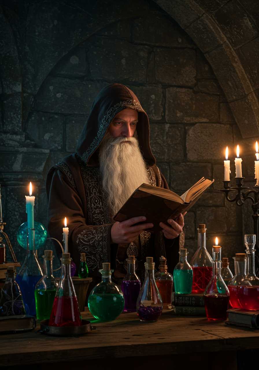 A hooded wizard reading a ancient book. He is surrounded by potions and candles 