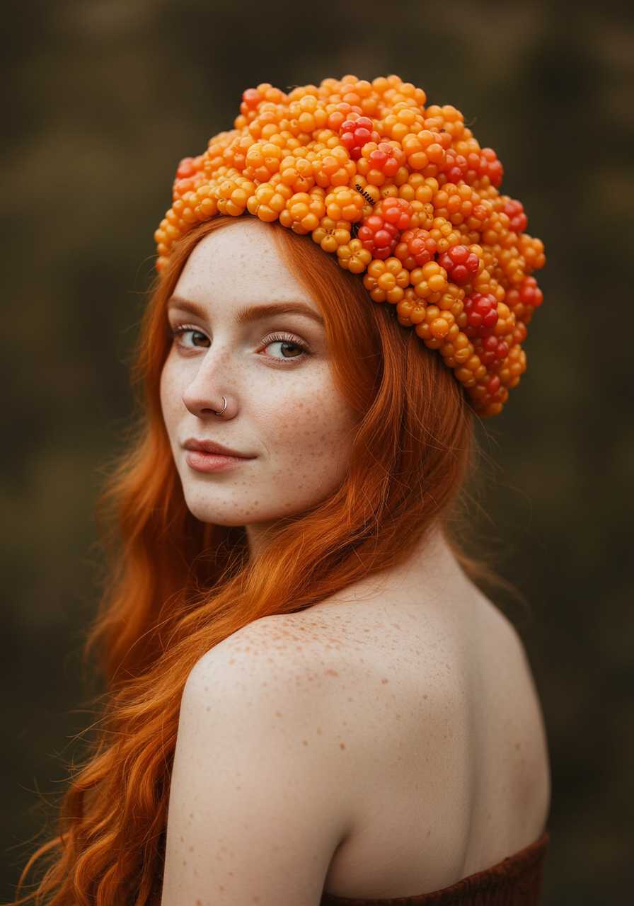 ginger queen, elegant hat make out of cloudberries, flared nostrils, warm hue, soft gaze, portrait, candid, quarter-turn