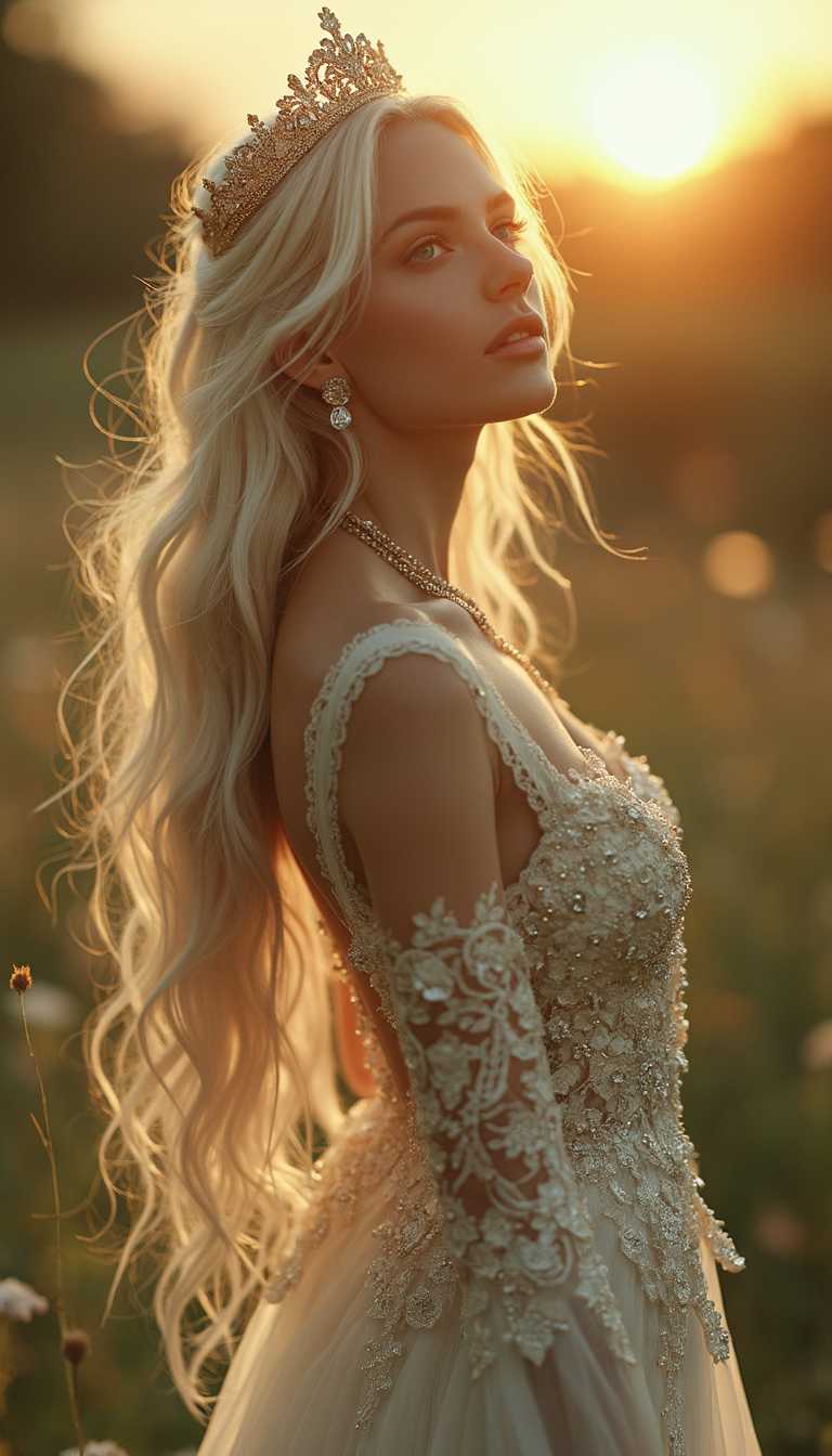 Full body view of a stunning angelic fantasy woman in her mid-thirties, gracefully posed outdoors during the enchanting golden hour. She possesses light, radiant skin that glows softly in the ambient light, complemented by her long, luscious silvery blonde hair cascading down her back. Her full lips and radiant eyes exude kindness, while her perfect figure, accentuated by a medium to large bust, adds to her ethereal beauty. She dons an exquisite and intricate white and gold lace gown that elegantly molds to her form, revealing just the right amount of skin, embodying luxury fashion. 

Adorned with sparkling gemstones, shimmering pearls, and delicate crystals, her attire is further enhanced by a small, regal tiara that crowns her head. The luxurious accessories and decorations elevate her presence, making her look like a vision of elegance and grace. She stands on the smooth, lush grass, her long, white-skinned legs elegantly displayed, as she gazes longingly into the distance, searching for her prince in a world that feels like a fantasy.