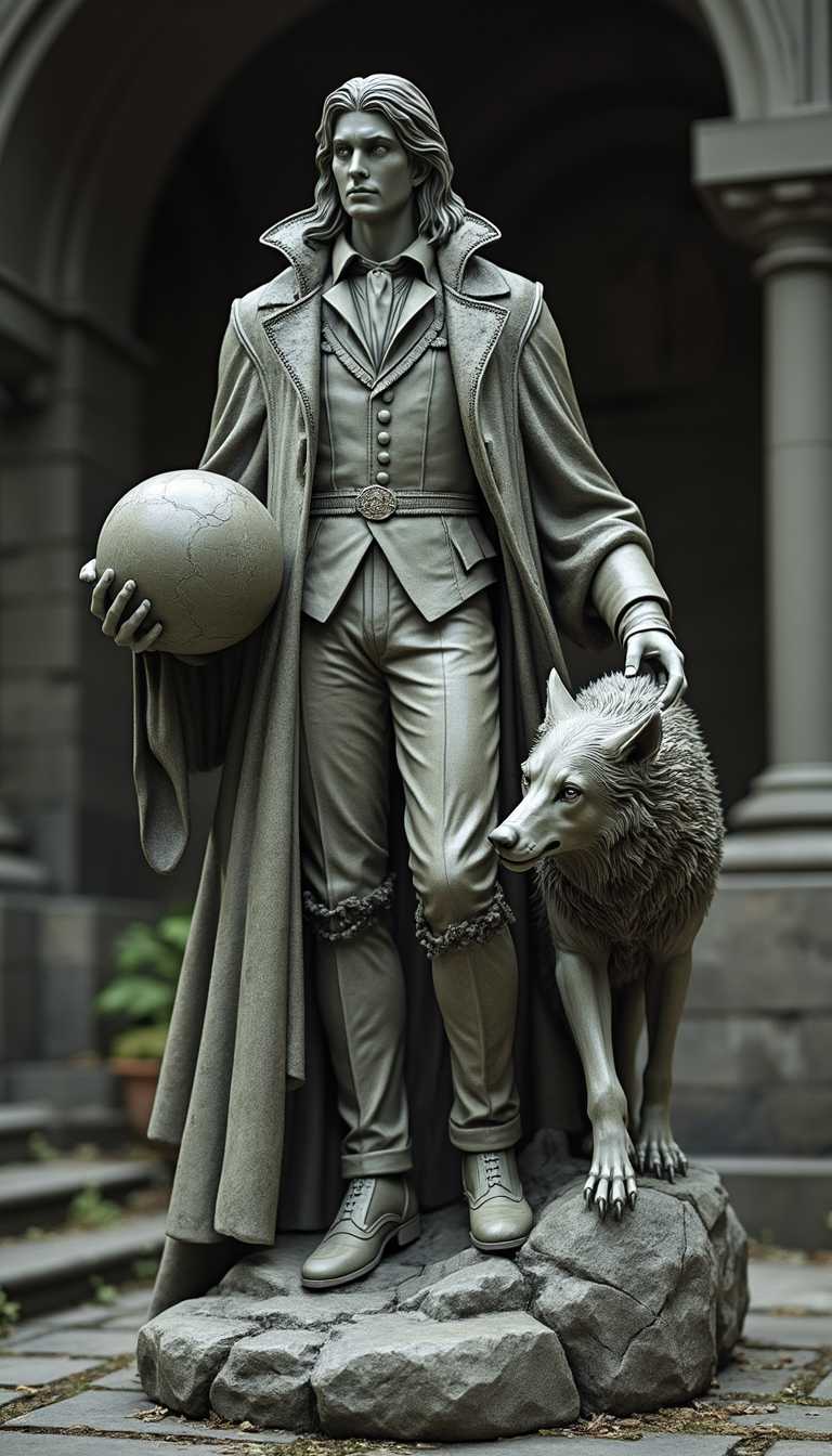 A stone statue of a male vampire lord, count strahd, statue of vampire lord, long, swept back hair, youthful face, long cape, doublet, fur collar, he holds stone sphere in one hand and pats his wolf with another