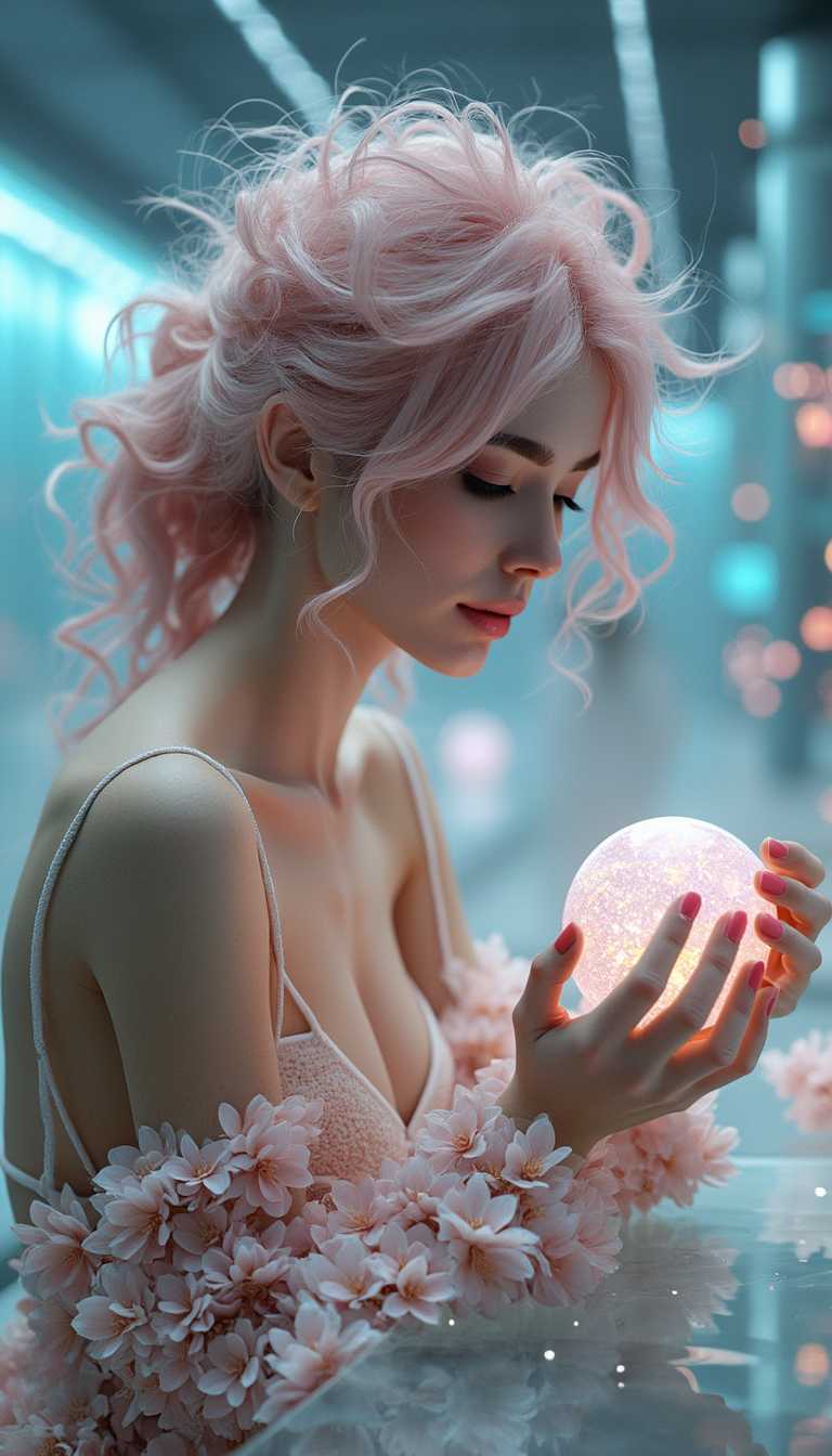 Close-up. She is looking at a brand new floral manicure. Location: Modern laboratory with holographic screens and neural network models.Pose: She is sitting at a transparent table, holding a small glowing sphere symbolizing artificial intelligence.  Ethereal portrait of woman with light pink hair ,swirling mists, dreamy atmosphere, digital art, soft lighting, highly detailed. An dressed in incredible delicate dress made of voluminous flowers in pastel colours/