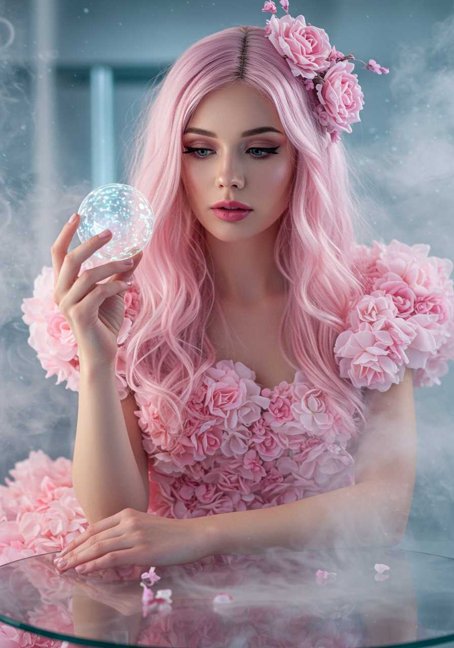 Close-up. She is looking at a brand new floral manicure. Location: Modern laboratory with holographic screens and neural network models.Pose: She is sitting at a transparent table, holding a small glowing sphere symbolizing artificial intelligence.  Ethereal portrait of woman with light pink hair ,swirling mists, dreamy atmosphere, digital art, soft lighting, highly detailed. An dressed in incredible delicate dress made of voluminous flowers in pastel colours/