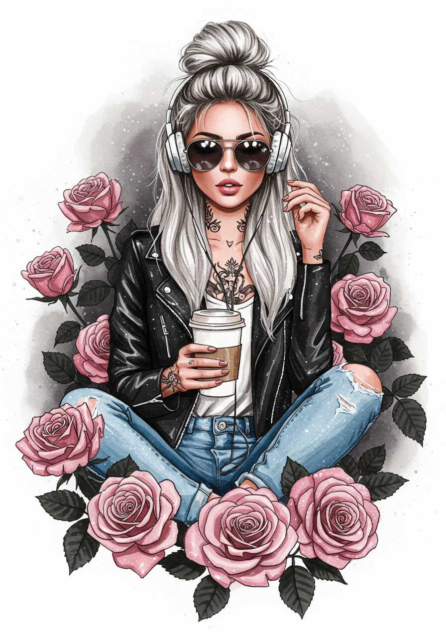 a watercolour image of a shimmering sparkling airbrushed oil painting of a beautiful woman, she is wearing sunglasses,  has long blonde grey hair which is done up in a messy bun, tattoos, wearing denim jeans, a black leather jacket, sitting in amongst pink roses with black leaves with a takeaway coffee in one hand, She is wearing headphones listening to music. picture is centred on a white background.