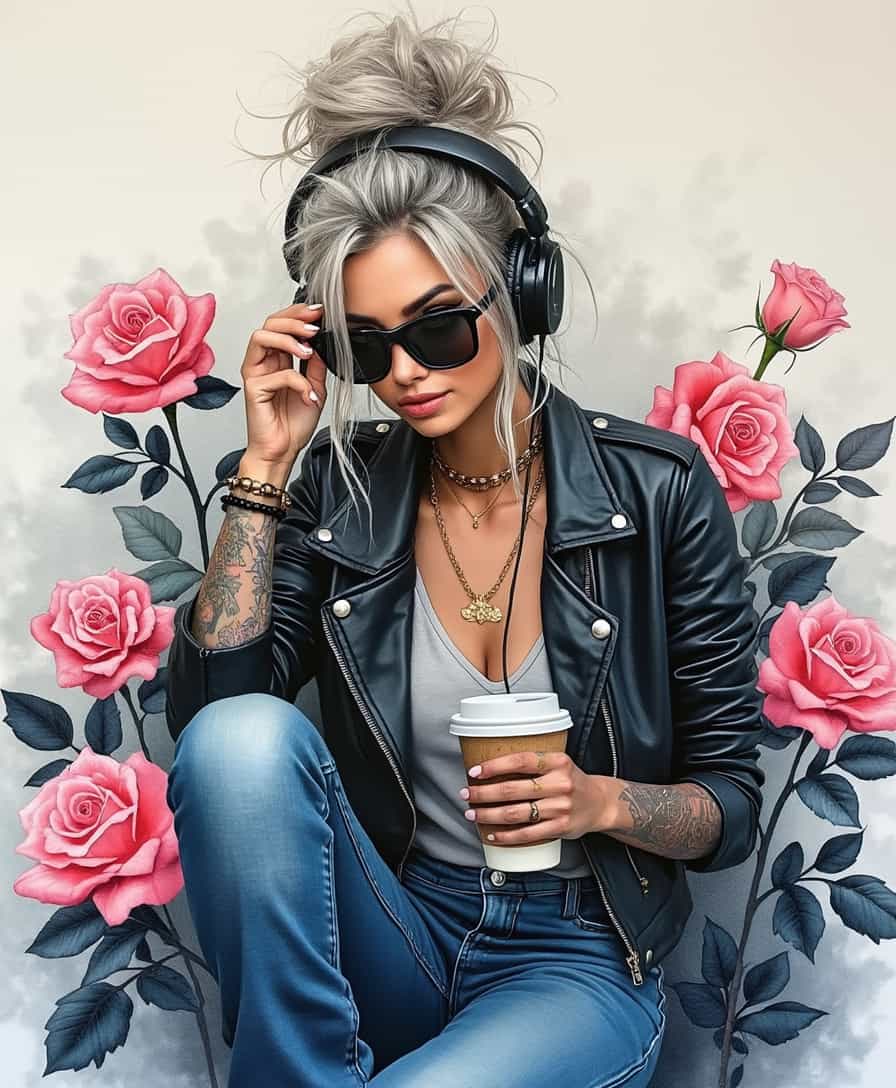 a watercolour image of a shimmering sparkling airbrushed oil painting of a beautiful woman, she is wearing sunglasses,  has long blonde grey hair which is done up in a messy bun, tattoos, wearing denim jeans, a black leather jacket, sitting in amongst pink roses with black leaves with a takeaway coffee in one hand, She is wearing headphones listening to music. picture is centred on a white background.