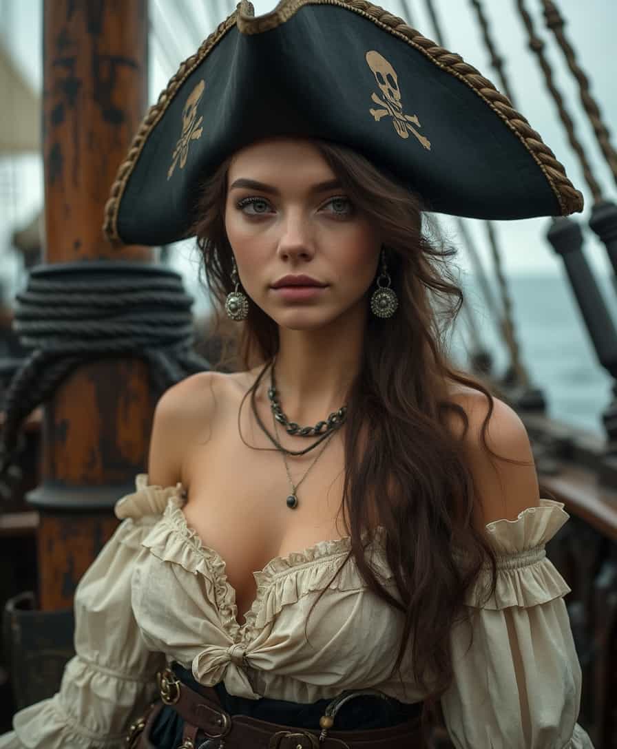 a high quality professional photo of a sexy and antique pirate girl  on pirate ship, with pirate hat and with visible breasts, with round earrings, with long hair, With skirthigh detail, 4k.