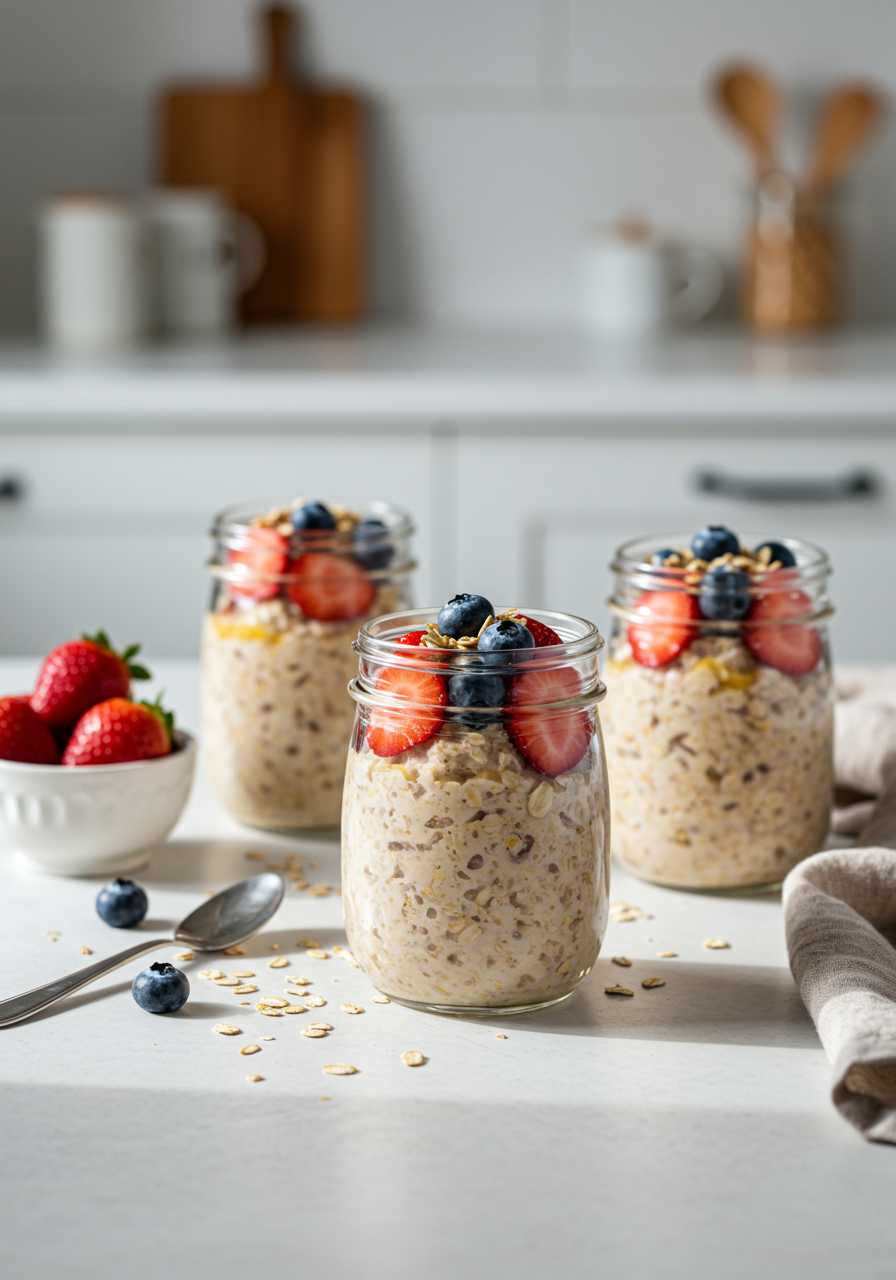 Warm and inviting food photography in a modern white kitchen. Close-up on a white table of 2-3 glass jars filled with large overnight oats, beautifully arranged with fresh strawberries, blueberries and a drizzle of honey and sprinkled with golden oats. The jars are arranged at a 3/4 angle on the surface, surrounded by cozy accents: a small bowl of berries, a pretty spoon, and a soft linen napkin. Natural, diffused sunlight creates a warm glow, emphasizing the texture of the oats and fruit, while the blurred, minimal kitchen background adds depth and atmosphere.