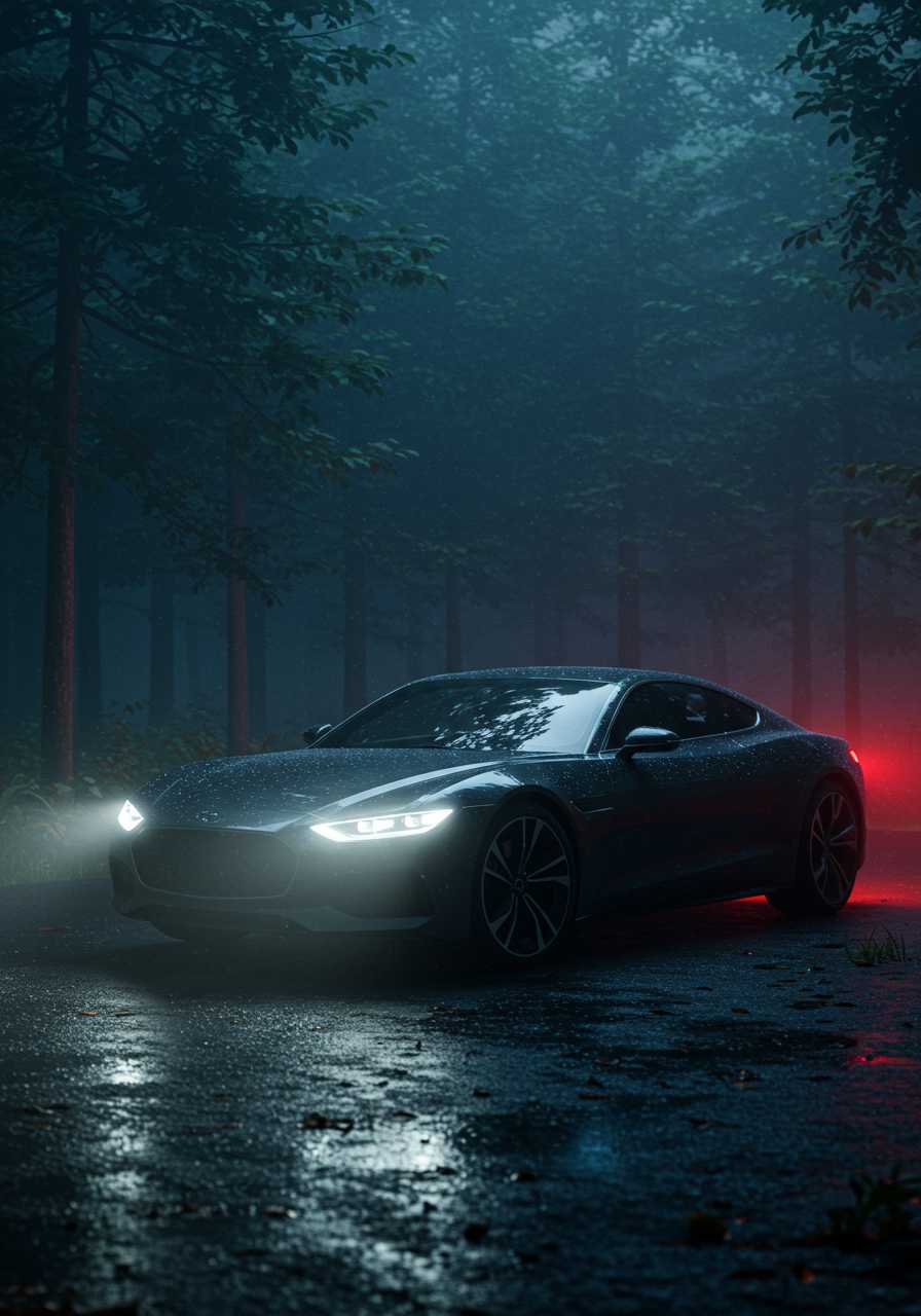  A luxurious and sleek car parked on a rain-slicked road deep within an enchanting, misty forest at night. The car’s design is fluid, with smooth, aerodynamic lines and a glossy, reflective surface that catches the light from the car’s bright LED headlights, slicing through the dark, misty environment. The surrounding trees are towering and covered in fog, creating a mysterious and cinematic atmosphere. Soft raindrops reflect the car’s polished body and intricate details, while the faint glow of the vehicle’s taillights adds a touch of drama to the scene. The overall composition evokes a feeling of quiet elegance amidst nature’s untamed beauty.