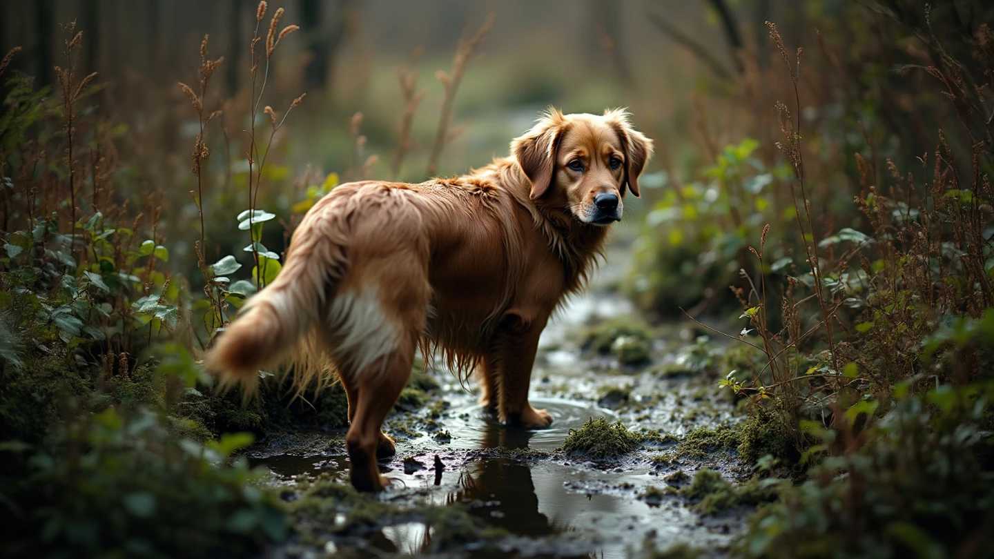 Create an image of a **dog in a bog**:

- **Subject**: A dog, breed resembling a Golden Retriever or similar, with a thick, muddy coat. Its fur is matted with bog water, and it has a curious, playful expression.

- **Setting**: The bog is lush with a variety of green plants, reeds, and mosses, interspersed with pools of dark, stagnant water. The ground is soft, with visible footprints where the dog has been exploring.

- **Lighting**: Late afternoon sun filters through the overgrowth, casting dappled light and shadows across the scene, creating a serene, almost mystical atmosphere.

- **Atmospheric Conditions**: The air is heavy with moisture, and there's a slight mist rising from the water, enhancing the ethereal quality of the scene. The dog's breath can be seen in the cooler air above the bog.

- **Mood**: The image should evoke a sense of adventure, tranquility, and a connection with nature. The dog's presence brings a touch of warmth and liveliness to this otherwise quiet, untouched wilderness.

- **Style**: Inspired by the detailed, naturalistic wildlife photography of photographers like Frans Lanting, focusing on textures, the play of light, and the natural habitat of the animal.

- **Composition**: The dog is positioned slightly off-center, looking back over its shoulder towards the viewer, suggesting it has paused its exploration. The camera angle is low, from the perspective of someone crouched at the edge of the bog, emphasizing the dog's size and the depth of the environment.

- **Technical Aspects**: Utilize a shallow depth of field to blur the background slightly, focusing on the dog and its immediate surroundings. Use a wide aperture for this effect, and consider a soft focus to enhance the dreamy quality of the scene.

- **Cohesion**: Ensure the dog's playful and curious demeanor integrates seamlessly with the bog's serene and slightly mysterious atmosphere, creating a cohesive narrative of exploration and harmony with nature.
