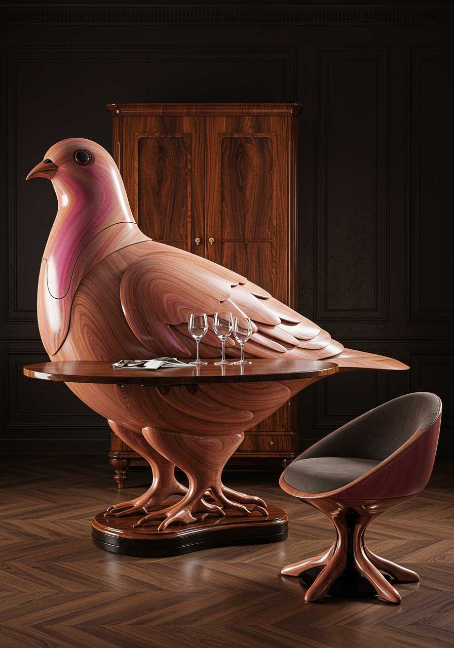 a combination of table and cupboard in a  pigeon shape or dove shape structure, a detailed and dynamic structure, an organic structure, a realistic and futuristic structure, polished wood, dark wood, interior setting, a futuristic chair is set with that organic style table, a luxurious lifestyle, a luxurious environment, 