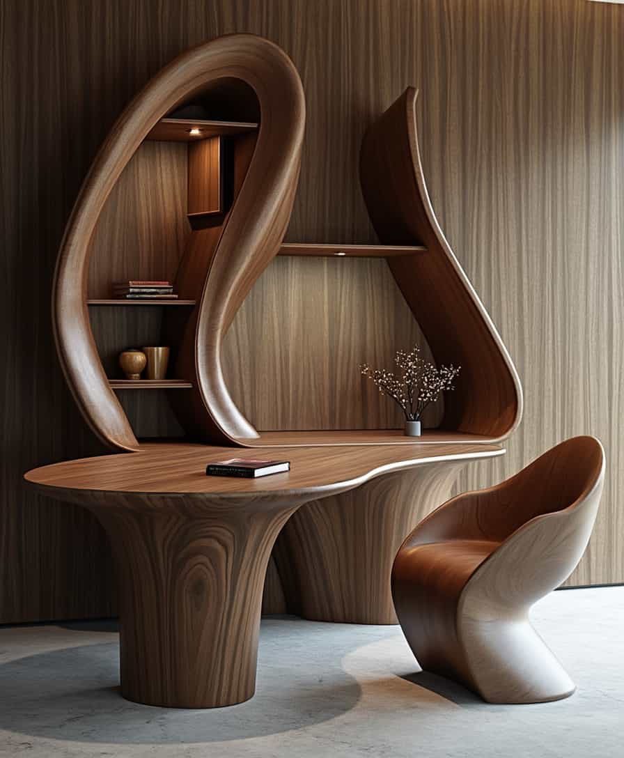 a combination of table and cupboard in a  pigeon shape or dove shape structure, a detailed and dynamic structure, an organic structure, a realistic and futuristic structure, polished wood, dark wood, interior setting, a futuristic chair is set with that organic style table, a luxurious lifestyle, a luxurious environment, 