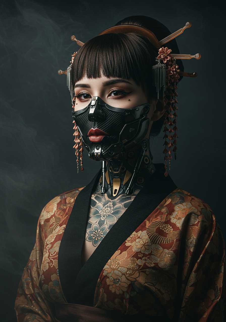 cyborg geisha with cybernetic organism 32k carbon fiber mask, hires professional photography of the highest quality, beautiful face shape, perfect anatomy, expressive gaze, dark sci-fi smoky fog, geisha cyborg tattoos, brown, black sepia and gold filigree, minimalism. cyborg geisha, cybernetic organism, full-length, wide angle, centered, no cropping