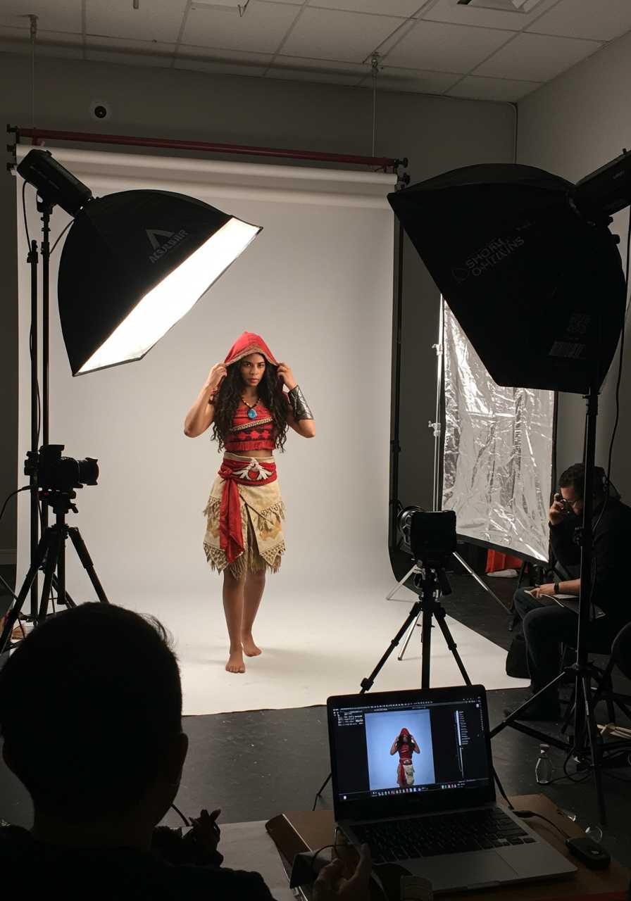 Raw photo, dynamic perspective. A backstage photoshoot scene inside a modern photography studio. The focus is on a beautiful tanned woman dressed as a real-life version of Moana, wearing an Assassin’s Creed-inspired outfit with red and beige details. Her dark hair flows in loose, natural waves beneath her hood. She is adjusting her hood with a fierce, confident expression while standing under professional studio lighting.The background shows the studio setup: a white backdrop partially visible, a tripod-mounted camera facing her, and a large softbox light angled toward her from the left. A reflective silver bounce is propped up on the right. In the foreground, you can see an open laptop with a preview of the shot displayed on the screen. The photographer and assistants are visible in silhouette, working and chatting behind the camera. The overall atmosphere is vibrant and professional, with a mix of creativity and focus