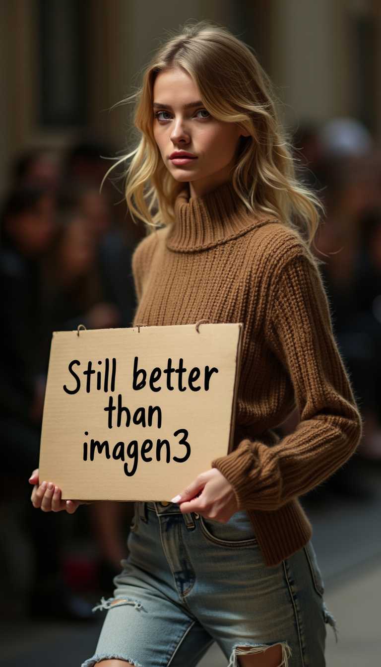 A very attractive European model catwalking holding a sign with the words: "Still better than imagen3"