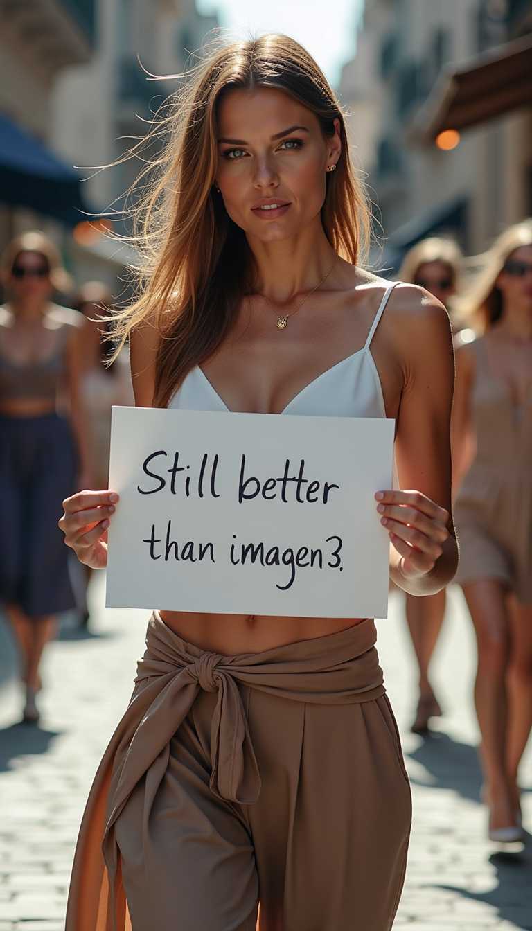 A very attractive European model catwalking holding a sign with the words: "Still better than imagen3"