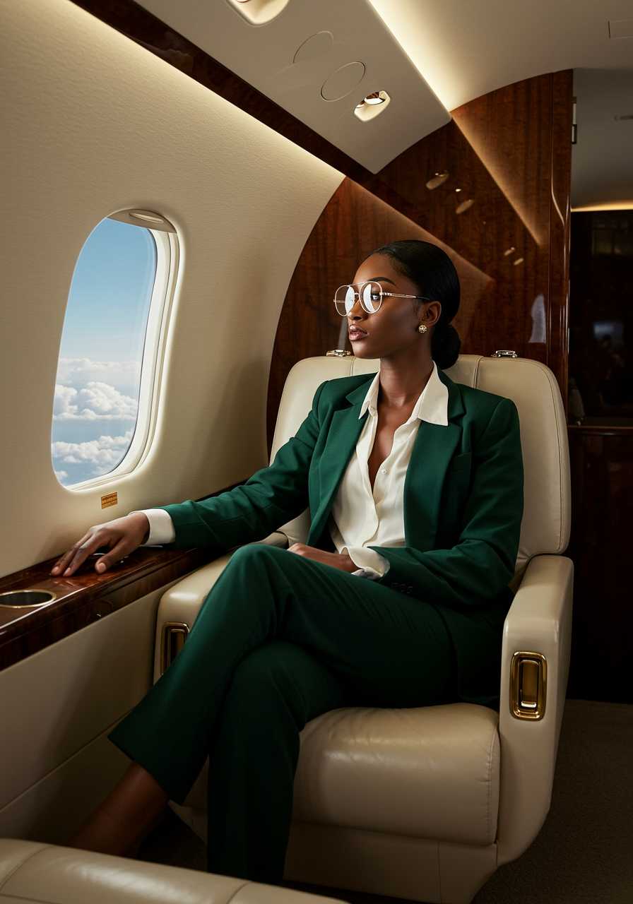 Stunning black woman sitting in a private jet seat staring out the window wearing large luxurious glasses 