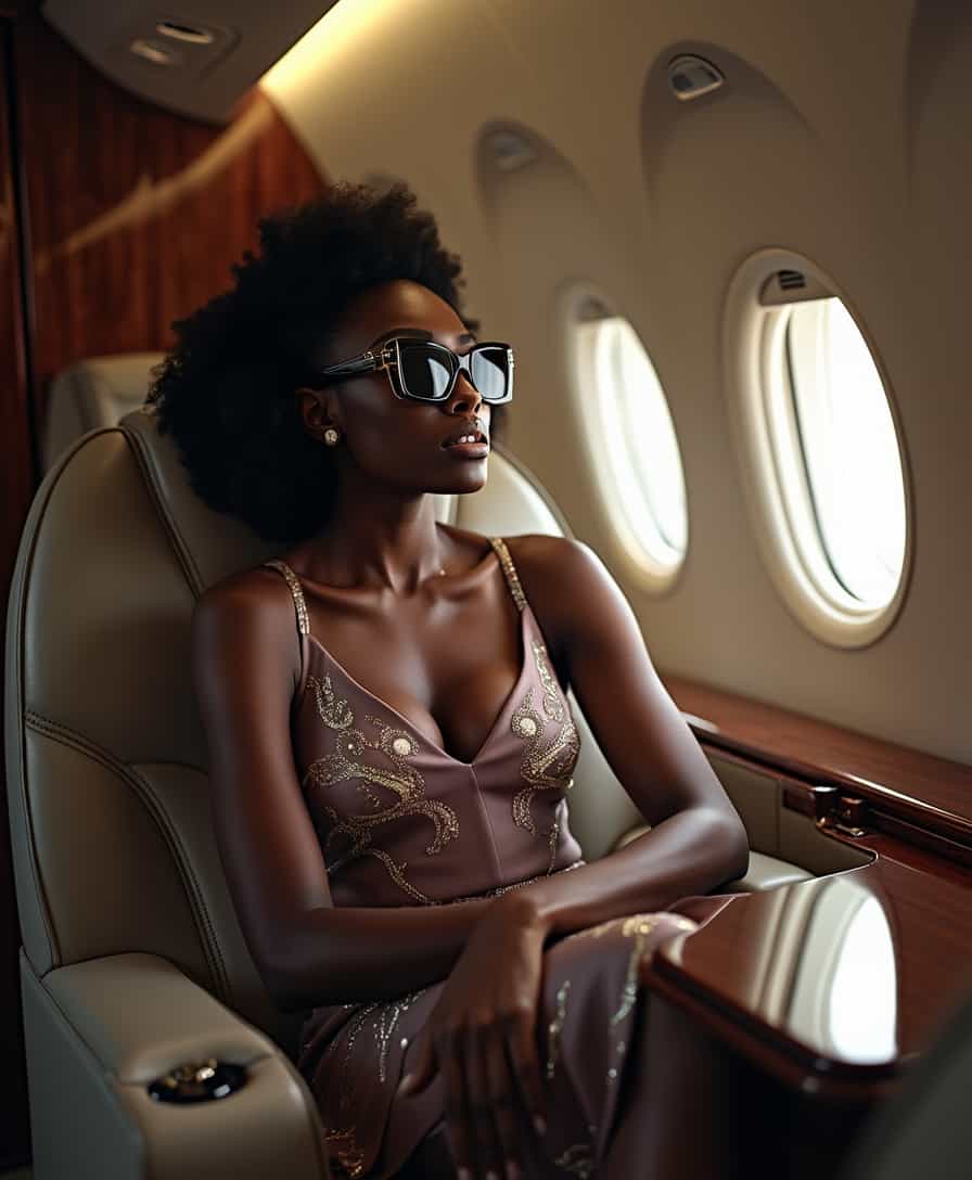 Stunning black woman sitting in a private jet seat staring out the window wearing large luxurious glasses 