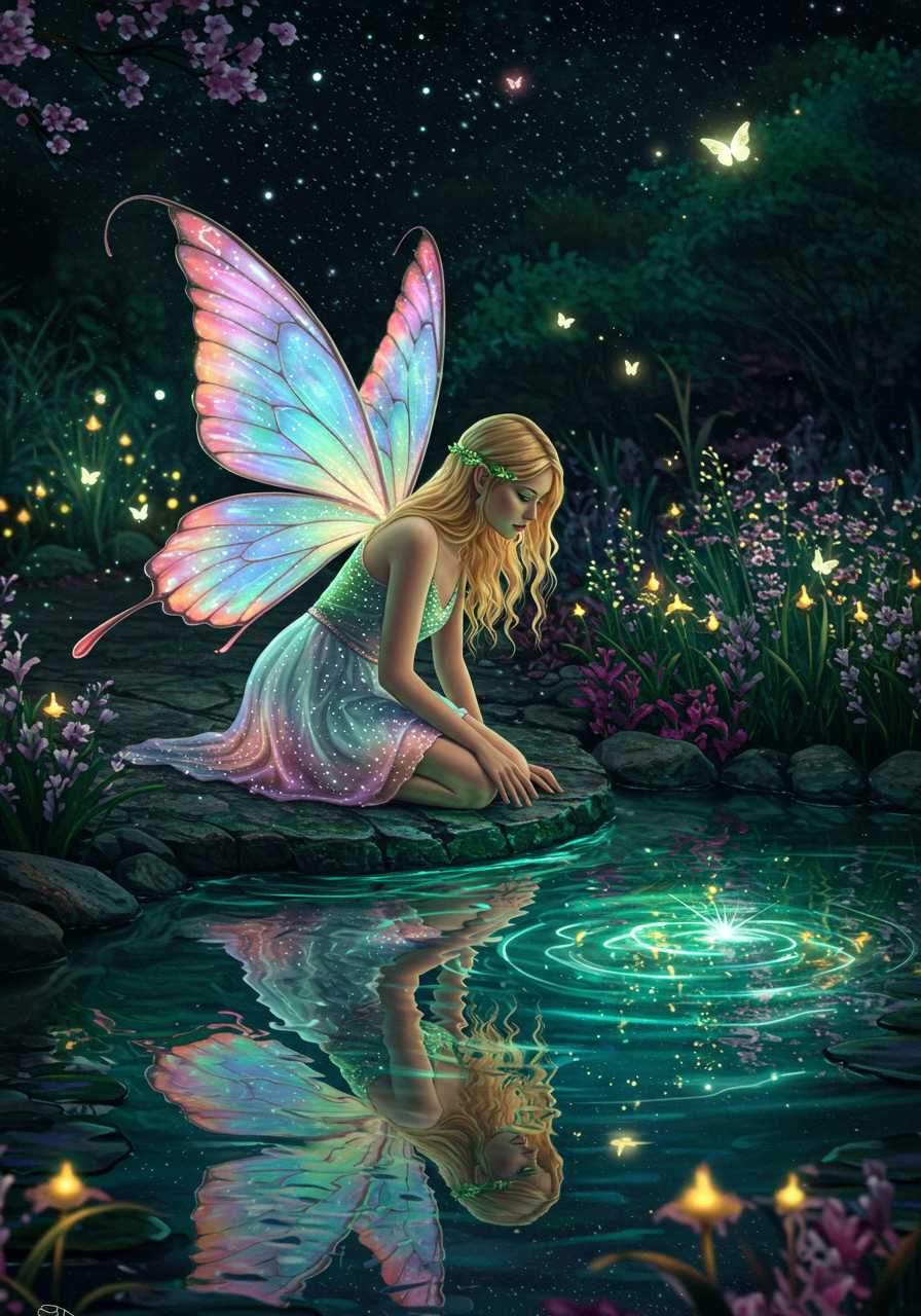 ((Photorealistic)), hyperrealistic photo of blonde fairy kneels at the edge of a luminous, mystical pool. Her opalescent butterfly wings reflect the cosmic swirls of the water. Her emerald beautiful eyes are riveted on the pool, where the reflection of the starry sky merges with the soft illumination of the ethereal plants that surround her. Her dress glows with hues that change with the light, and faint orbs of magic float in the air, adding a dreamlike quality to this vibrant, mysterious night garden.