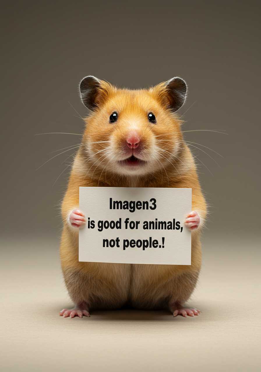 photorealistic professional photo of hamster holding a sign with the words: "Imagen3 is good for animals, not people"
