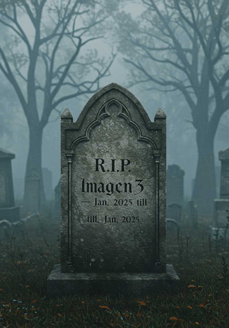 gravestone on a mystical cemetery with the letters: "R.I.P. Imagen3 - Jan, 2025 till Jan, 2025"