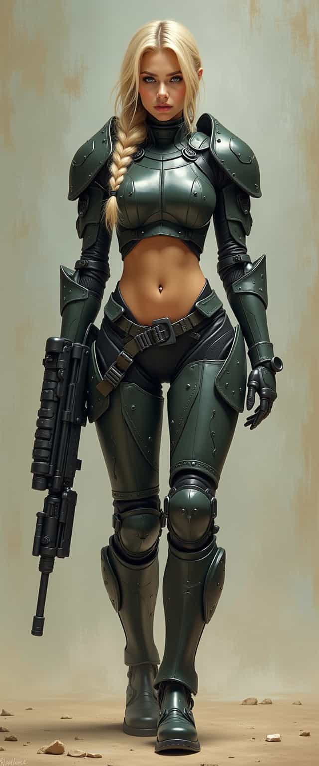 Photorealistic full body shot, head to toe, beautiful European blondie female cyborg warrior in a heavily protected volumetric mechanical exoskeleton holding fantastic rifle stands in a dynamic curved pose, with a braid and piercing in the navel, DND art, whimsical dark cyberpank, sci-fi, mechanized precision, large canvas paintings, rough hewn surfaces, meticulous detail, photorealistic