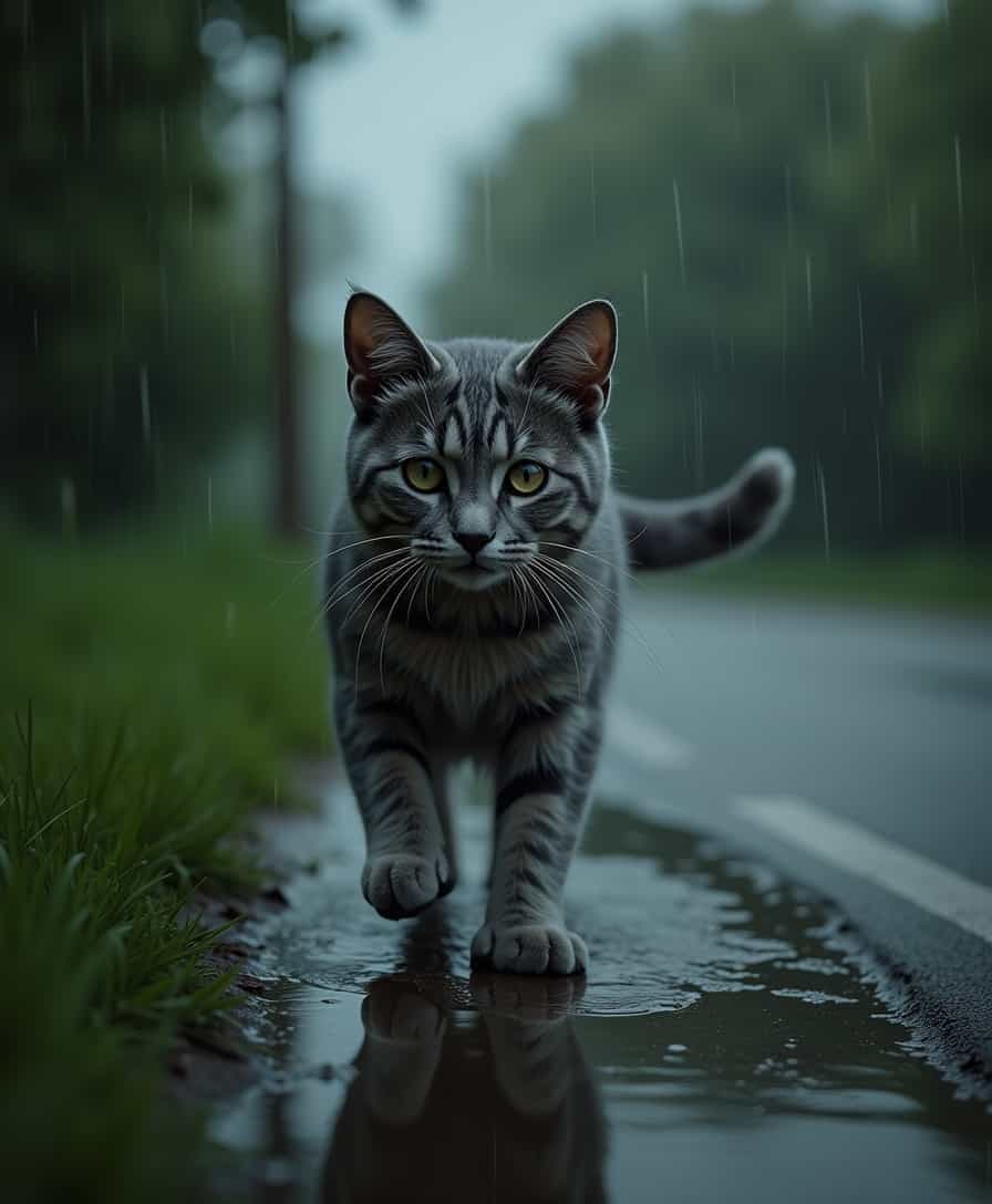 Visual description: Rain begins to fall lightly, with droplets hitting leaves, grass, and the ground. The cat looks confused, its ears flattening back as it starts to move to find shelter. Water begins to soak into the cat’s gray fur, making it appear shiny and slightly matted. The cat leaps over a small puddle, leaving visible wet paw prints behind.

Atmosphere details: The sound of rain intensifies, with the soft splashes of droplets hitting puddles. The background shows a quiet, wet street with a somber mood.
