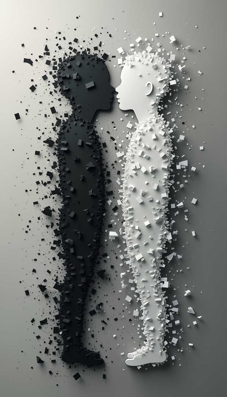 A captivating, 8K high-resolution image with a powerful message of transformation. Against a solid, neutral background, two contrasting silhouettes are depicted: a black figure on the left and a white figure on the right. The black figure is fragmented, breaking apart and gradually merging with the white figure. This dynamic interaction symbolizes the overcoming of darkness, prejudice, or negativity, and the emergence of a unified, harmonious whole. The white figure, now strengthened by the integration of the black, grows larger and more prominent, representing progress, growth, and unity. The overall composition should be visually striking and convey a profound message of hope and transformation.