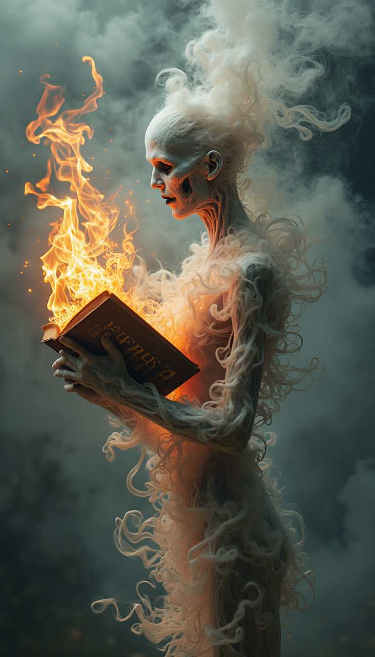 An ethereal figure composed of swirling smoke and ash, vaguely resembling a human form, delicately holds a flaming book that refuses to burn. The letters on the pages constantly twist and contort into eerie faces. This captivating image, reminiscent of a painting, showcases a being that embodies mystery and enigma, exuding an otherworldly allure. The intricate details of the smoke and ash, along with the mesmerizing movement of the shifting letters, create a hauntingly beautiful and high-quality visual masterpiece.