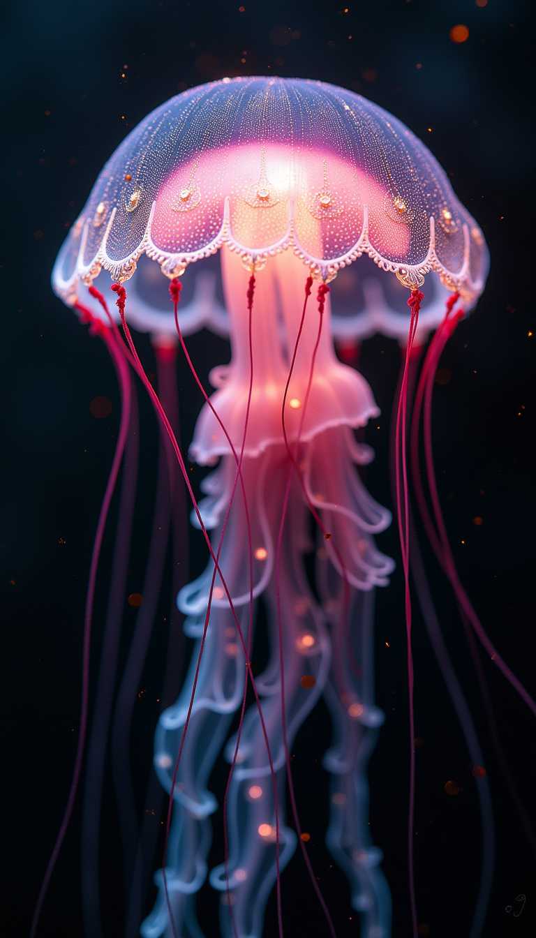 photo RAW, (Black and pink : Portrait of a ghostly jellyfish, shiny aura, highly detailed, gold filigree, intricate motifs, organic tracery, by Android jones, Januz Miralles, Hikari Shimoda, glowing stardust by W. Zelmer, perfect composition, smooth, sharp focus, sparkling particles, lively coral reef background Realistic, realism, hd, 35mm photograph, 8k), masterpiece, award winning photography, natural light, perfect composition, high detail, hyper realistic