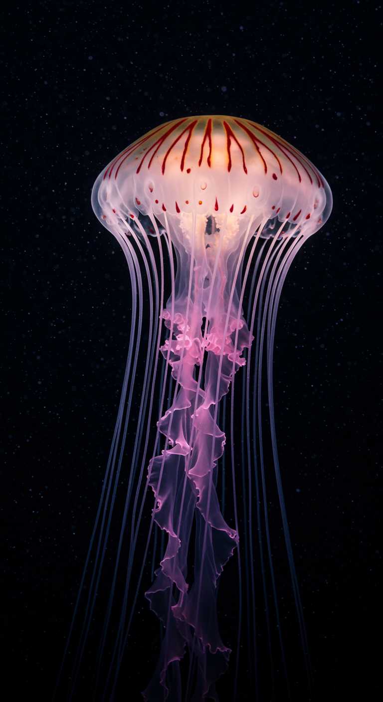 photo RAW, (Black and pink : Portrait of a ghostly jellyfish, shiny aura, highly detailed, gold filigree, intricate motifs, organic tracery, by Android jones, Januz Miralles, Hikari Shimoda, glowing stardust by W. Zelmer, perfect composition, smooth, sharp focus, sparkling particles, lively coral reef background Realistic, realism, hd, 35mm photograph, 8k), masterpiece, award winning photography, natural light, perfect composition, high detail, hyper realistic