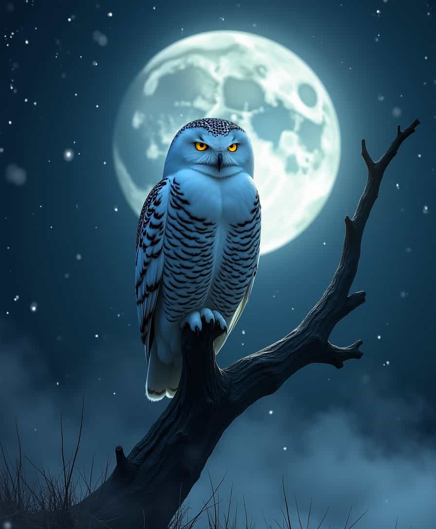 “A majestic snowy owl perched on a weathered, dead tree branch at night. The owl’s feathers are pure white with faint black markings, glistening under the soft glow of the full moon. The moon dominates the background, illuminating the dark, starry sky with an ethereal light. The barren tree is twisted and gnarled, creating an eerie yet serene atmosphere. A subtle mist clings to the ground in the distance, adding depth and mystery to the scene. The owl’s piercing yellow eyes gaze intensely, capturing its wise and enigmatic demeanor. The overall tone is a blend of mysticism and tranquility, with high contrast between the moonlight and shadow. Add light snow falling in the foreground” 