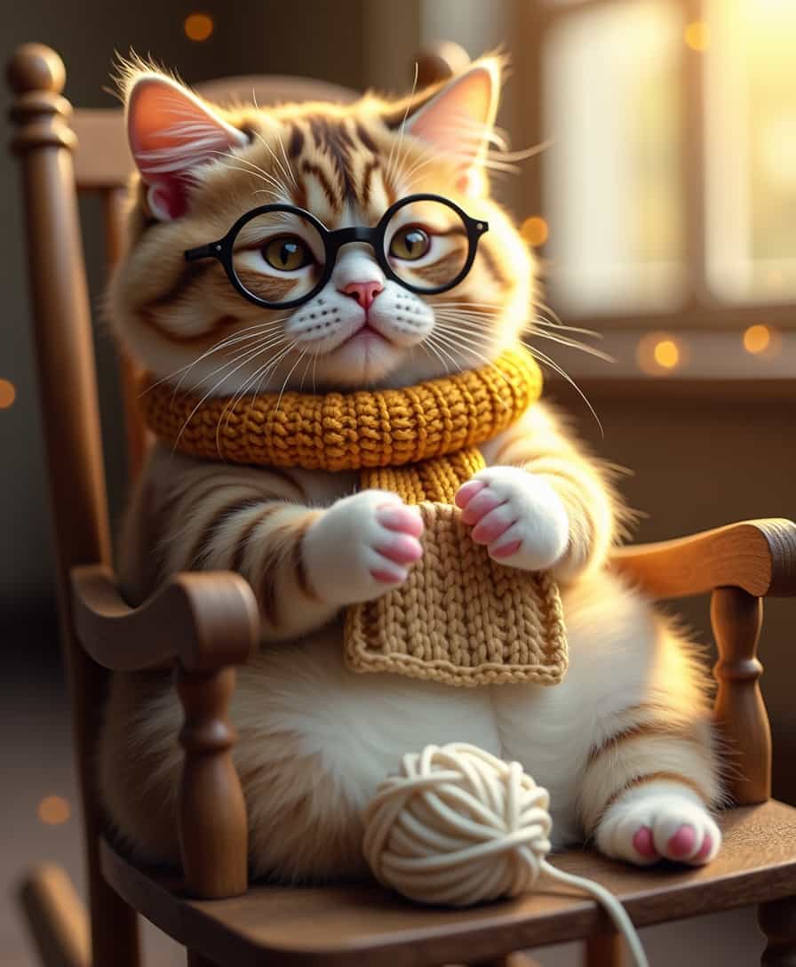 The image depicts an adorable, chubby cat with soft, fluffy fur in warm brown, cream, and white tones. The cat sits upright in a rustic wooden rocking chair, evoking the cozy feel of a vintage setting. It is wearing large, round black-framed glasses that rest on its small nose, giving it an intellectual and human-like appearance. Around its neck, the cat wears a knitted scarf in a warm, earthy mustard hue, complementing the overall warm palette of the scene.
The cat holds a pair of knitting needles and is in the process of knitting a small beige fabric, its tiny paws delicately clutching the project. Its relaxed posture and slightly closed eyes create an impression of calm contentment and focus. The soft pink pads on its paws are visible, adding a playful and endearing detail.
The background suggests a softly lit indoor setting, with a blurred view of a window letting in golden sunlight. The lighting creates a dreamy and cinematic atmosphere, with warm, glowing bokeh effects and floating dust particles enhancing the sense of quiet tranquility. Balls of yarn in neutral tones, such as white and brown, are scattered at the foot of the rocking chair, reinforcing the cozy and domestic vibe.
The overall mood of the scene is serene, whimsical, and heartwarming, with a touch of humor due to the anthropomorphic depiction of the cat. The textures, from the soft fur of the cat to the coarse wood of the chair and the cozy knits, add depth and warmth to the composition.