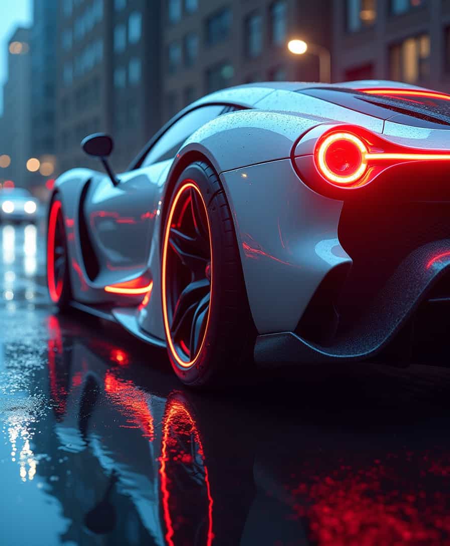A hyper-realistic close-up of the side view of a futuristic sports car with glowing wheels and lights, driving on wet streets at night, captured in high resolution, showcasing intricate details like reflections on its polished surface and neon lighting effects 




