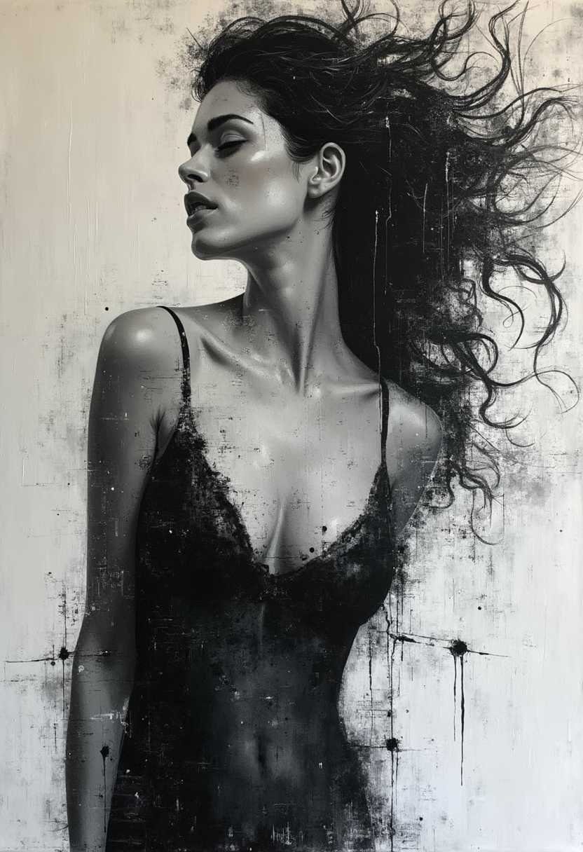 expressive blend of seductive female figurative and abstract elements.
Thick textured brushstrokes and a monochromatic palette to create a dynamic and emotional piece. 
Expressive techniques to convey emotion and movement in their work.
Abstract Expressionism.
Figurative Art.
Graffiti Art.
Surrealism.
Unique and emotive piece.
