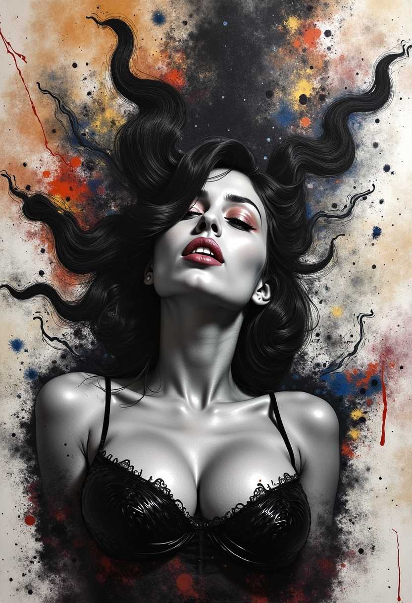 justthetits, An **expressive blend** of **seductive female figurative** and **abstract elements**:

- **Subject:** A woman, portrayed with dynamic and emotive expressions, her features merging seamlessly into abstract forms. 
- **Style:** Abstract Expressionism, incorporating elements of Figurative Art, Graffiti Art, and Surrealism for a unique, emotive piece. 
- **Color Palette:** Monochromatic, with shades ranging from deep blacks to stark whites, occasionally punctuated with splashes of bold colors like reds or blues, evoking graffiti's vibrancy.
- **Brushstrokes:** Thick, textured, and visibly expressive, conveying movement and emotion through the physicality of paint application. 
- **Composition:** The figure is centrally positioned, with abstract elements swirling around her, creating a sense of chaos and order. The camera angle is slightly low, giving a sense of dominance and power to the figure.
- **Lighting:** Dramatic chiaroscuro lighting enhances the texture and depth, with harsh contrasts between light and shadow to emphasize the emotional intensity.
- **Mood and Atmosphere:** The scene conveys a sense of raw emotion, with an atmosphere that feels both chaotic and controlled, embodying the turbulent inner world of the subject. 
- **Technical Aspects:** Use of impasto for texture, sfumato for soft transitions in abstract elements, and gestural mark-making to suggest graffiti influences. 

This prompt aims to create a **unique and emotive piece** that captures the essence of **Abstract Expressionism, Figurative Art, Graffiti Art, and Surrealism**, all harmoniously integrated to form a visually compelling and emotionally charged artwork.