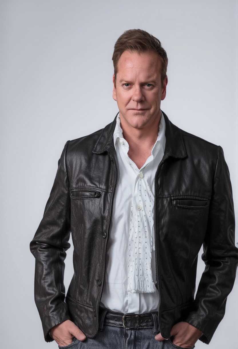 A **full body shot** of Kiefer, where he exudes **cockiness** directly at the camera, standing against a **stark white background** to enhance focus on him. Use **photoshoot lighting** with a **softbox** as the key light to highlight his features, casting dramatic shadows that accentuate the **worn leather jacket** and **distressed cowboy jeans**, portraying him as a **run-down ex-Hollywood star**. 

**Visual Details:**
- The leather jacket should exhibit scuffs and creases, paired with faded, distressed cowboy jeans, showcasing signs of wear.
- Kiefer's facial expression should blend arrogance with world-weariness, a slight smirk and a knowing look in his eyes.
- Lighting should be high contrast, with a key light on one side creating sharp shadows, and a **reflector** on the other to soften the effect slightly.

**Style:**
- Capture the essence of a **1980s Hollywood glamour shot**, with modern grunge elements, portraying a star past his prime but still commanding attention.

**Composition:**
- Position Kiefer slightly off-center, using the rule of thirds, for a dynamic composition.
- Camera angle should be at eye level, ensuring a direct, confrontational engagement with the viewer.

**Mood and Atmosphere:**
- Evoke a sense of nostalgia mixed with melancholy, the bright lighting contrasting with the character's darker, more complex backstory.

**Technical Aspects:**
- Use a shallow depth of field to blur the stark white background, keeping the focus razor-sharp on Kiefer.

**Cohesion:**
- All elements should weave together the narrative of a once-famous actor now grappling with the passage of time, his attire and expression telling the story of his rise and fall in Hollywood.