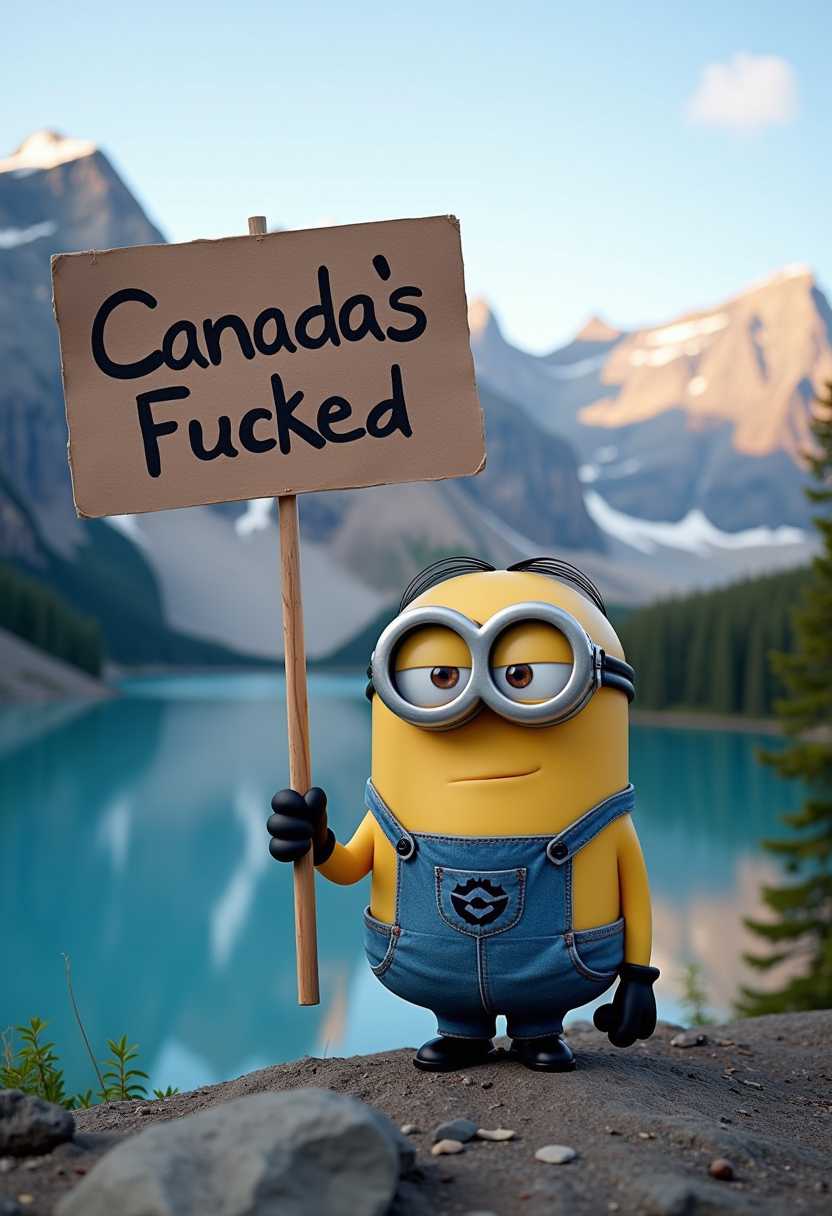 Create image of a minion holding a sign with the words "Canada’s Fucked" in the background the Canadian rockies and lake