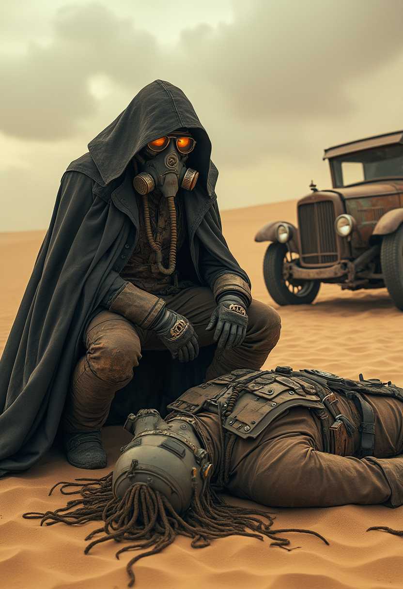 Post-apocalyptic desert scene featuring two characters. A cloaked figure wearing a tattered black coat and a gas mask kneels beside a fallen comrade dressed in weathered tactical gear with goggles. The standing character exudes a commanding presence, with intricate steampunk-inspired details like metallic gears on their mask and clothing. The fallen warrior lies motionless in the sand, with a revolver nearby. A dilapidated, vintage car is visible in the background, set against a desolate, sandy wasteland under a cloudy, golden-hued sky. The atmosphere is grim, evoking themes of survival and loss in a dystopian world, with ultra-detailed textures of fabric, sand, and gear.