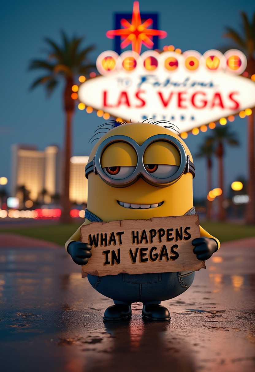 Create image of a minion holding a sign with the words "What happens in Vegas, stays in Vegas" in the background the Las Vegas sign