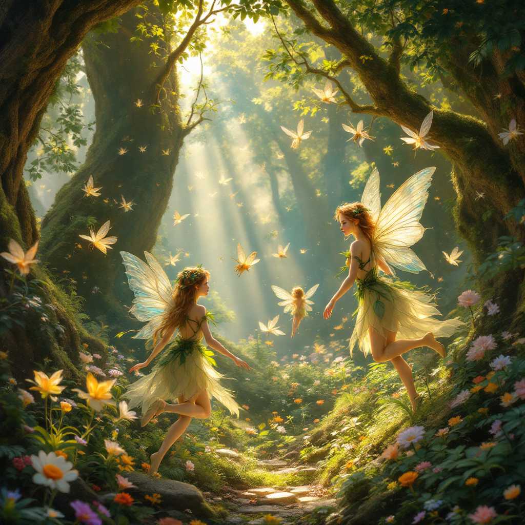 **Subject:** Delicate, ethereal fairies with translucent wings, adorned in natural, leaf-woven garments, flitting and dancing amidst a lush woodland glen.

**Setting:** A sun-dappled clearing in an ancient, magical forest where sunlight filters through a canopy of towering, moss-covered trees. The ground is carpeted with a mosaic of vibrant wildflowers, ferns, and toadstools.

**Visual Details:**
- **Textures:** The fairies' wings are iridescent and gossamer, catching the light like prisms. Their clothes are made from leaves, petals, and thin vines, blending seamlessly with their environment.
- **Colors:** Soft, natural hues dominate: greens, browns, and muted blues, with splashes of vibrant flower colors. The fairies themselves have a luminescent quality, with skin tones that subtly glow in shades of ivory, pale pink, and shimmering gold.
- **Lighting:** Golden hour light filters through the leaves, creating a play of light and shadow that gives the scene a dreamlike quality. 

**Style:**
- **Artistic Influence:** Pre-Raphaelite art, with its emphasis on detailed nature scenes and ethereal beauty, combined with elements of Victorian fairy painting.
- **Photography Technique:** Soft focus, with a shallow depth of field to emphasize the fairies while allowing the background to blur into a painterly backdrop.

**Composition:**
- **Layout:** The fairies are scattered throughout the glen, some in mid-flight, others perched on toadstools or branches. The composition leads the eye through the scene with natural lines formed by tree trunks and floral patterns.
- **Camera Angle:** A low angle, looking slightly upwards to enhance the grandeur of the trees and the magical atmosphere.

**Mood and Atmosphere:**
- **Feeling:** Enchanted, serene, and whimsical. The scene evokes a sense of timelessness and tranquility.
- **Time of Day:** Late afternoon, transitioning into evening, with the forest bathed in the warm, magical light of the setting sun.
- **Weather:** Clear skies with a gentle breeze that stirs the leaves and flower petals, adding a dynamic element to the stillness.

**Technical Aspects:**
- **Depth of Field:** A narrow depth of field to focus on the fairies while allowing the background to soften, enhancing their magical presence.
- **Color Grading:** Warm, earthy tones with subtle saturation to bring out the natural beauty of the scene without overwhelming the viewer.

**Cohesion:** The entire scene is unified by the theme of nature's magic, with every